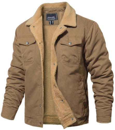 MAGNIVIT Mens Winter Jacket Thick Warm Fleece Lined Trucker Cargo Coat - color: Khaki, size: Small