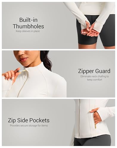 G Gradual Women's Workout Jackets Extended Waist Length Slim Full Zip 4 Pockets Athletic Jacket Spring Running Yoga Clothes - color: Beige#gold Zip, size: Medium