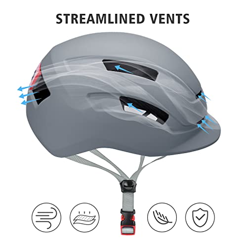 Adult Urban Bike Helmet - Adjustable Fit System & Integrated Taillight for Men Women - color: Matte Gray, size: Medium (55-58 cm)