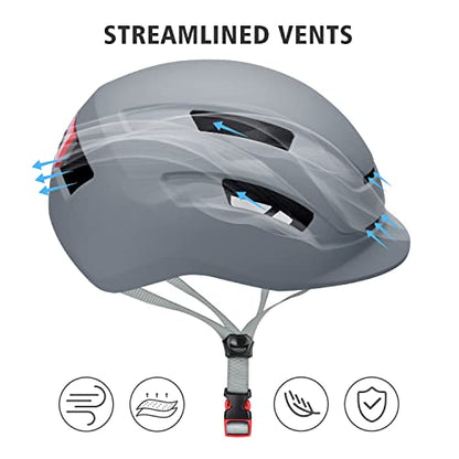 Adult Urban Bike Helmet - Adjustable Fit System & Integrated Taillight for Men Women - color: Matte Gray, size: Medium (55-58 cm)