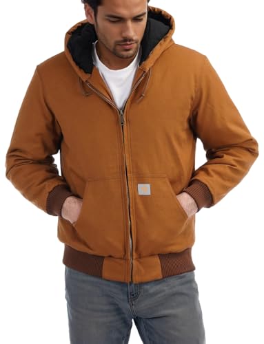 Men's Loose Fit Quilted Flannel Lined Workwear Waterproof Active Jacket Hooded Work Coat, Small, Black - color: Khaki, size: Large