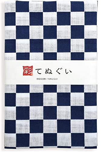 KOMESICHI irodori Japanese Traditional Towel Tenugui Ichimatsu (Indigo) 12.99 x 34.64 in with Tenugui Iroha (English Manual) - color: Ichimatsu (Indigo)