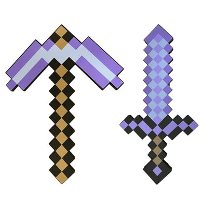 QRT Foam Sword and Pickaxe Set Kids Role Play Toys for Halloween, Cosplay Video Game Parties (Purple Pickaxe Sword) - color: Purple