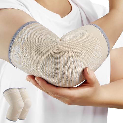 CAMBIVO 2 Pack Elbow Brace Compression Sleeve, Tennis & Golfer's Elbow - color: Beige, size: X-Small