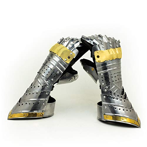 Nagina International Medievalz Warrior Steel Gothic Knight Style Warrior Functional Gloves & Gauntlets | Brass Accent