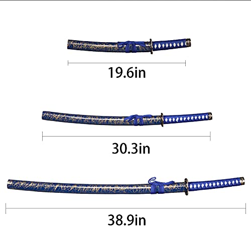 FullTang Iaido Samurai Sword 3-Piece Set, Japanese Samurai Swords with Display Stand, Engraved Scabbard, 1045 Medium Carbon Steel, Available in Blue, Black, Bamboo Leaf - color: Blue