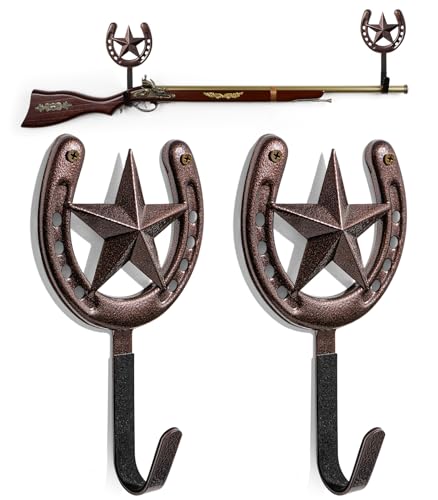 Adowes Gun Rack for Wall Western Shotgun Rifle Rack Wall Mount Metal Wall Gun Hanger Holder Display for Sword Bow Firearm Texas Star and Horseshoe - color: bronze (1 pair)