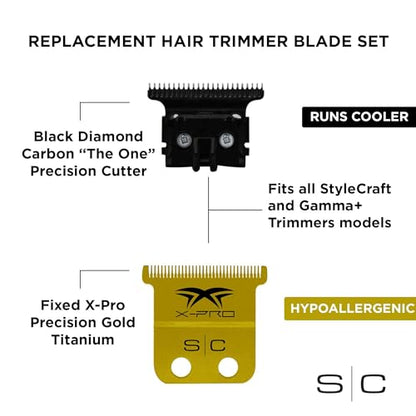 StyleCraft Replacement Hair Trimmer Blade Cutter Set Professional Grade - color: X-pro Precision Gold Titanium - the One Precision Black Diamond