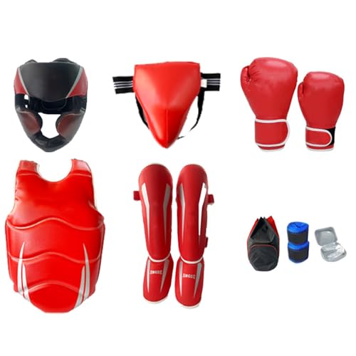 Taekwondo Boxing Gear Set, Karate Sparring Gear Set Height Youth or Adults, Martial Arts Shin Guards/Chest Rib/Headgear/Mouthguards Guards Protective Gear Set - color: Red, size: 59”-67“