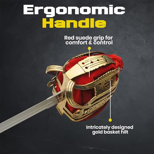 SZCO 38" Broad Scottish Sword- Ceremonial Sword with Basket Hilt, Red Suede Handle, and Leather-Wrapped Scabbard for LARP & Collectors