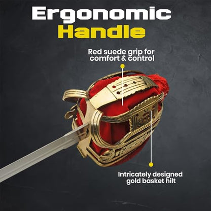 SZCO 38" Broad Scottish Sword- Ceremonial Sword with Basket Hilt, Red Suede Handle, and Leather-Wrapped Scabbard for LARP & Collectors