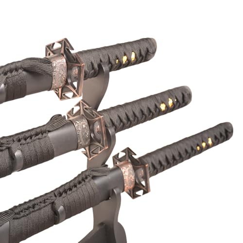 Sword Valley Authentic Ninja Samurai Sword 3-Piece Set with 3-Tier Display Stand – Shinobi Engraved Scabbards, Stainless Steel Blades, Waxed Cotton Handle (38.9"+30.5"+21.1")