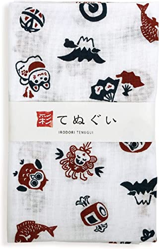 KOMESICHI irodori Japanese Traditional Towel Tenugui Fortune Pattern (White) 12.99 x 34.64 in with Tenugui Iroha (English Manual) - color: Fortune Pattern (White)