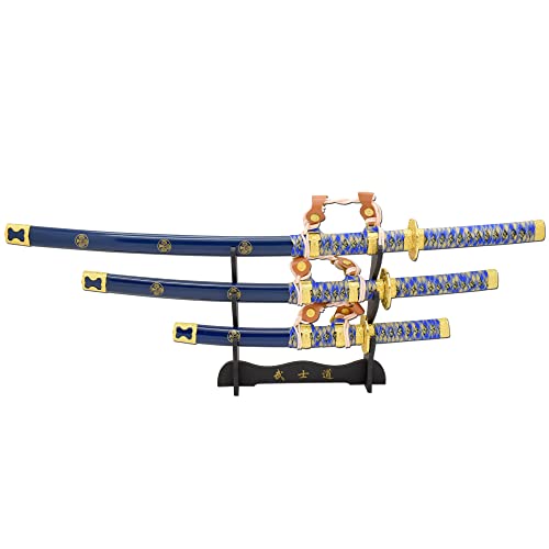 Snake Eye Tactical Two Tone 3 Piece Samurai Katana Set w/Free Sword Stand - color: Blue-1