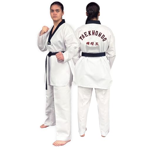 Daedo Taekwondo Uniform - Black Neck, WT Recognized, Ribbed Polyester, Includes Pants & Top with Embroidered Taekwondo - size: 1