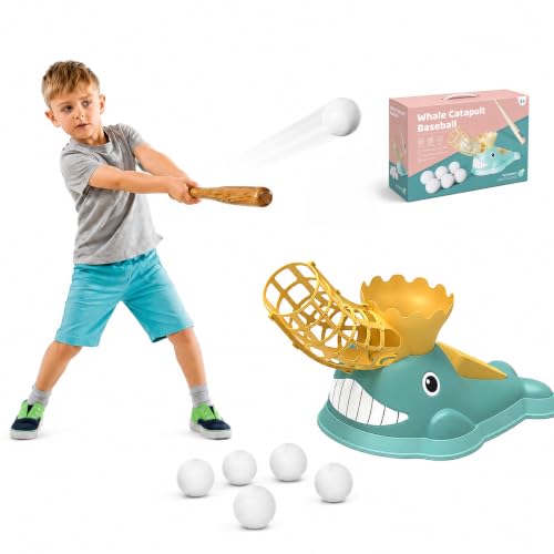 Toddler Baseball Set for Kids 3-8 Years, Baseball Pitching Machine with Bat & 6 Balls, Tee Popper Ball Launcher Toy, Foot Press Baseball Trainer, Indoor Outdoor Sports Gift for Boys & Girls