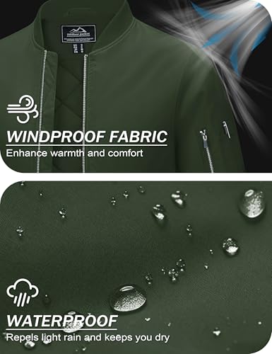 MAGCOMSEN Men's Bomber Jacket Casual Windproof Quilted Jacket Full Zip Windbreaker Winter Warm Varsity Jacket with Pockets - color: Army Green, size: X-Large