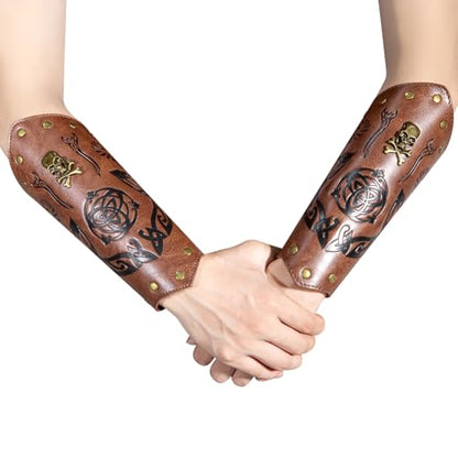 Leather Bracers for Men - Viking Embossed Medieval Arm Archery Guard Gauntlet Costumes - color: Hbr057-skull Brown