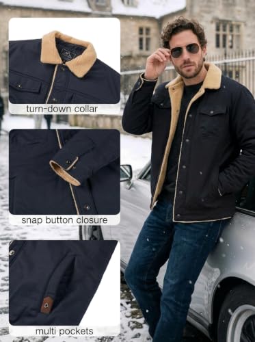 MAGNIVIT Mens Winter Jacket Thick Warm Fleece Lined Trucker Cargo Coat - color: Black, size: Large