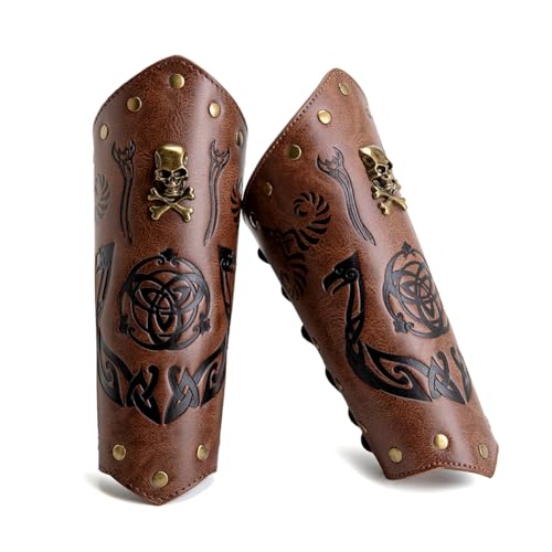 Leather Bracers for Men - Viking Embossed Medieval Arm Archery Guard Gauntlet Costumes - color: Hbr057-skull Brown