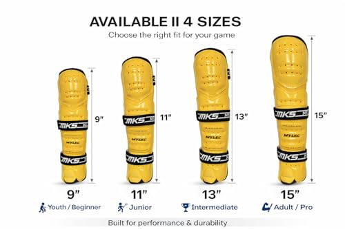 MyLec MK5 Street/DEK Shin Pad, Lightweight & Durable Hockey Accessories, 360° Straps, Hard Front Shells, Breathable Material, Metatarsal Padding Ice Hockey Shin Guards, Foam Rubber - color: Gold, size: 11"
