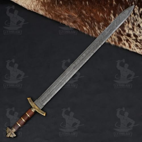 Handmade 38" Inch Real Damascus Steel Viking Sword with Scabbard-Viking & Cosplay Long Sword Full Tang Blade and Wooden Handle – Real Norse Northman Battle Sword | Best Gift for Men