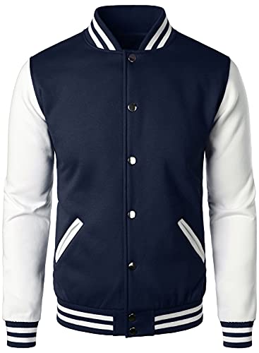 HOOD CREW Man’s Varsity Jacket Cotton Blend Letterman Jackets - color: Navy, size: Medium