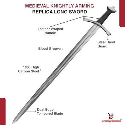 Armory Replicas™ Medieval Hand Forged Knight Sword EN45 Carbon Steel Full Tang with Scabbard - style: Medieval Knightly Arming Sword
