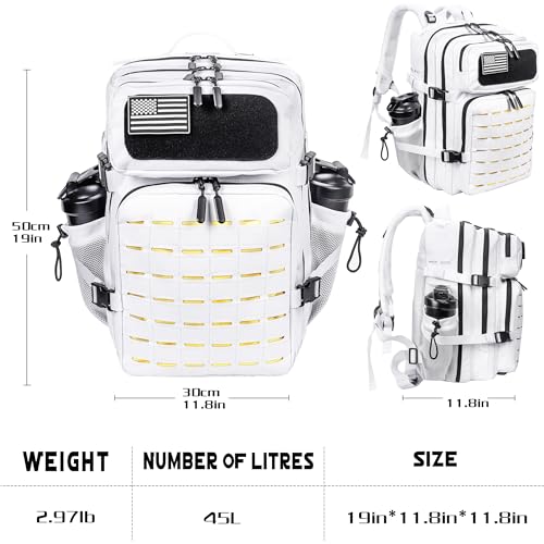 LHI Tactical Military Backpack for Men 25L/45L Large Molle Army Assault Pack 3 Day Hiking Rucksack With Bottle Holder - color: Silver White, size: 45L