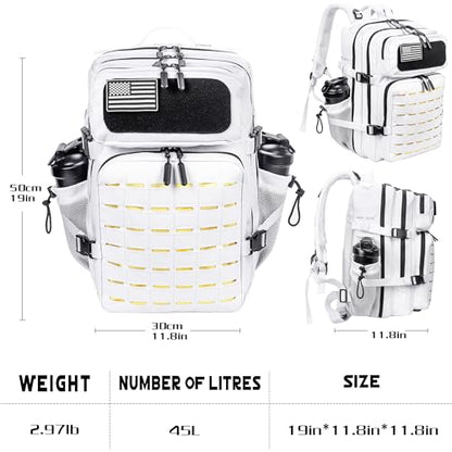 LHI Tactical Military Backpack for Men 25L/45L Large Molle Army Assault Pack 3 Day Hiking Rucksack With Bottle Holder - color: Silver White, size: 45L