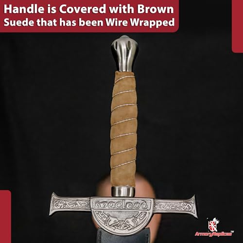 Armory Replicas™ Connor MacLeod Sword Replica from Highlander – Stainless Steel Blade, 31.25” Length, Suede & Wire Wrapped Handle, Intricate Cross Guard with Family Insignia, Leather Sheath Included