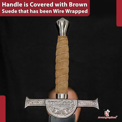 Armory Replicas™ Connor MacLeod Sword Replica from Highlander – Stainless Steel Blade, 31.25” Length, Suede & Wire Wrapped Handle, Intricate Cross Guard with Family Insignia, Leather Sheath Included