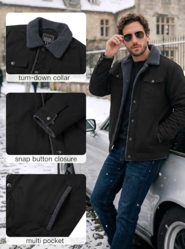 MAGNIVIT Mens Winter Jacket Thick Warm Fleece Lined Trucker Cargo Coat - color: Black Grey, size: Medium