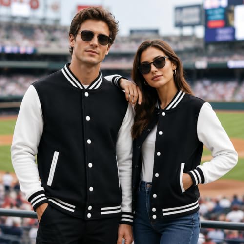 babyhealthy Men's Women's Varsity Baseball Jacket Casual Letterman Bomber Jacket Windbreaker Lightweight Jacket Coat - color: 021 Black, size: Medium