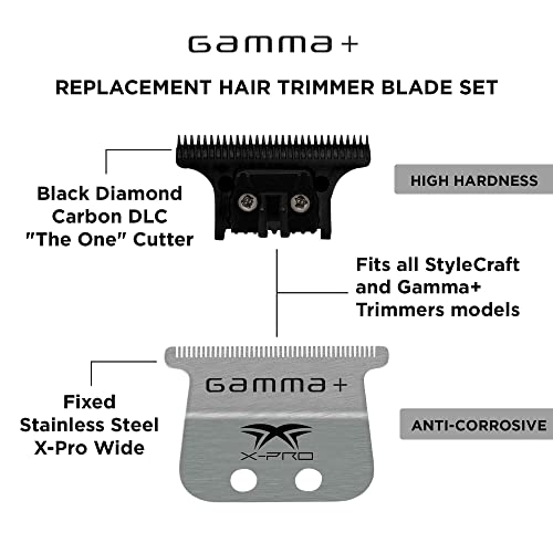GAMMA+ Hair Trimmer Fixed Moving Blade Replacement Professional Grade - style: X-Pro Wide Stainless Steel with Black The One Moving Trimmer Blade Set