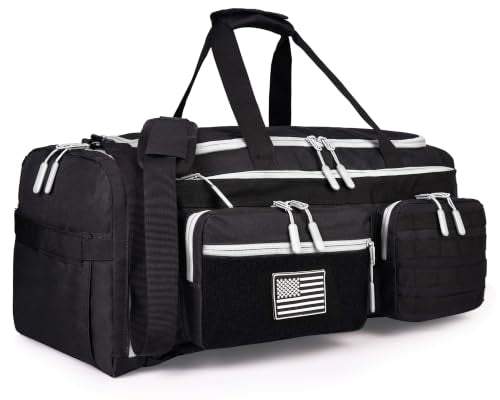 LHI 50L Tactical Duffle Bag for Men, 3-in-1 Gym Duffle and Backpack, Shoe Compartment, Laptop Sleeve and MOLLE, Carry-On Travel Weekender and Overnight Bag – Black with White zippers - color: Black white