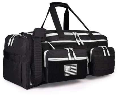 LHI 50L Tactical Duffle Bag for Men, 3-in-1 Gym Duffle and Backpack, Shoe Compartment, Laptop Sleeve and MOLLE, Carry-On Travel Weekender and Overnight Bag – Black with White zippers - color: Black white