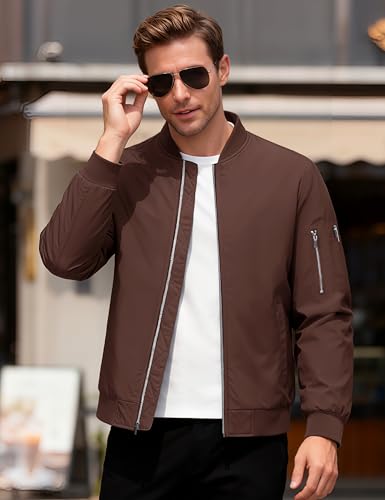 MAGCOMSEN Men's Bomber Jacket Casual Windproof Quilted Jacket Full Zip Windbreaker Winter Warm Varsity Jacket with Pockets - color: Coffee, size: Large