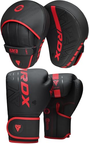 RDX Boxing Pads and Gloves Set, Maya Hide Leather Kara Hook and Jab Curved Focus Mitts with Punching Gloves for MMA, Muay Thai, Kickboxing Coaching, Martial Arts - color: Red, size: 10OZ