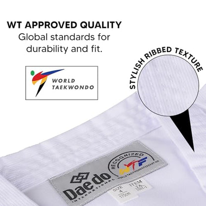 Daedo Taekwondo Beginner Uniform - WT Recognized, International Standards, White V-Neck, Includes Pants & Belt - size: 2 (4'11" - 150 cm)