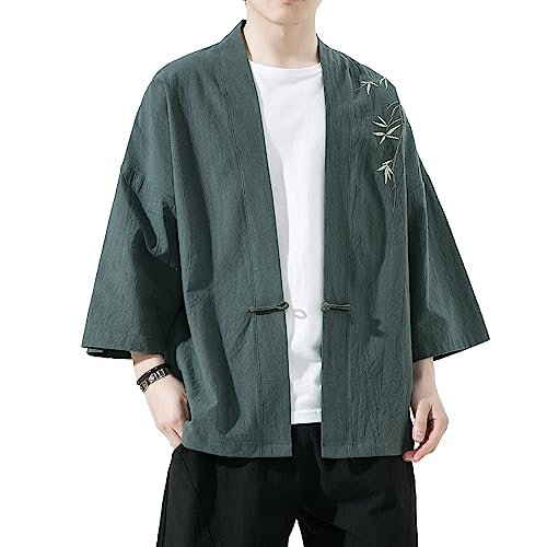 Mens Kimono Cardigan Cotton Linen Japanese Shirt 3/4 Sleeve Haori Yukata - color: 35-green, size: XX-Large
