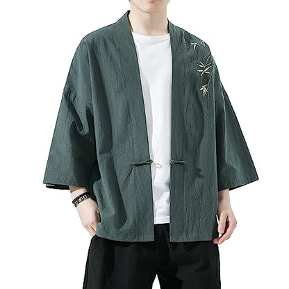 Mens Kimono Cardigan Cotton Linen Japanese Shirt 3/4 Sleeve Haori Yukata - color: 35-green, size: XX-Large