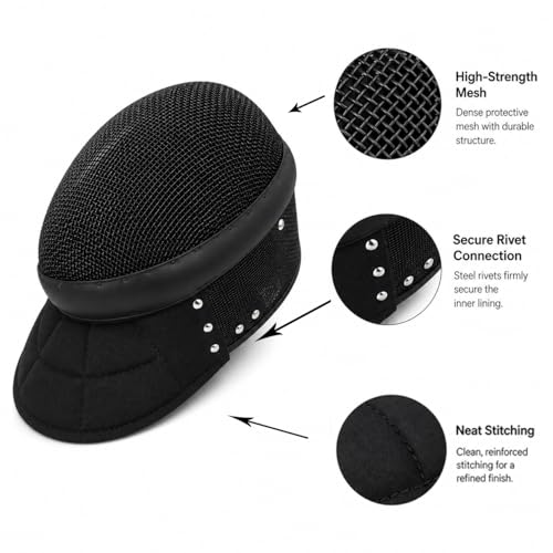 Hema Mask 1600N Black, Hema Helmet with Steel Mesh Face Guard and Padded Neck Bib for Longsword Saber Rapier Controlled Sparring, Fencing Mask