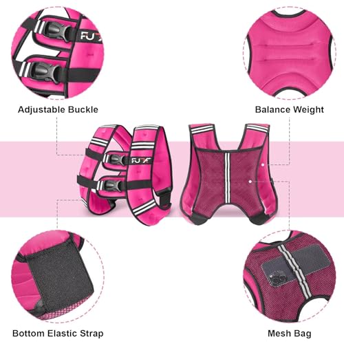 FUFF Weighted Vest Woman, 15 Pound Womens Weight Vest for Walking, Strength Training Weight Vests for Female Men, Reflective Stripe Fitness Body Vest for Workout Running Jogging (Pink)