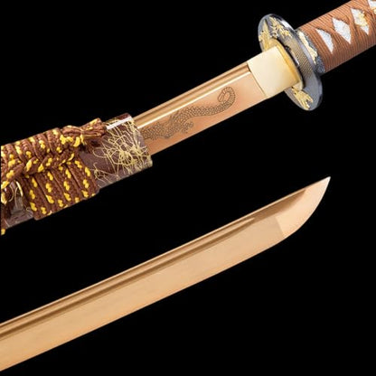 Handmade Sharp Katana, Traditional Clay Tempered 1060/9260/T10 Steel, Full Tang Real Katana Sword, Authentic Japanese Craft Samurai Sword - color: Gold
