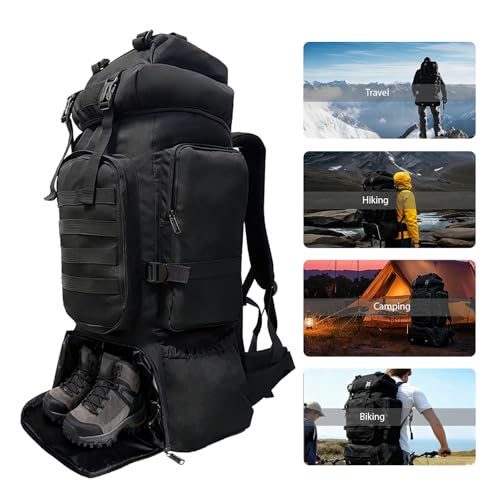 Tactical 80L Hiking Backpack with Dedicated Shoe Compartment - Large Capacity Rucksack for Camping Backpacking Men Women - Outdoor Trekking Travel Pack (Black)