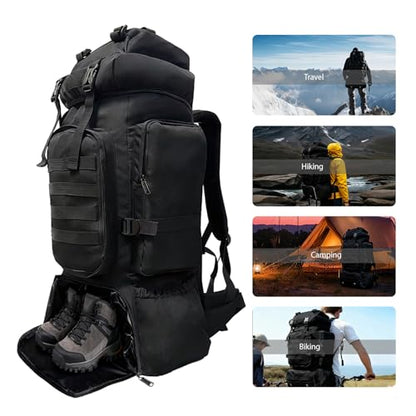 Tactical 80L Hiking Backpack with Dedicated Shoe Compartment - Large Capacity Rucksack for Camping Backpacking Men Women - Outdoor Trekking Travel Pack (Black)