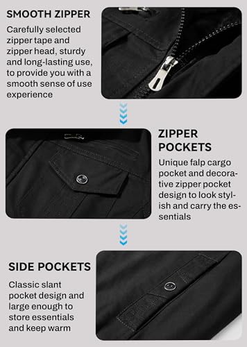 EKLENTSON Mens Winter Jacket with Multi Pockets Fleece Lined Military Coat - color: Black, size: X-Large
