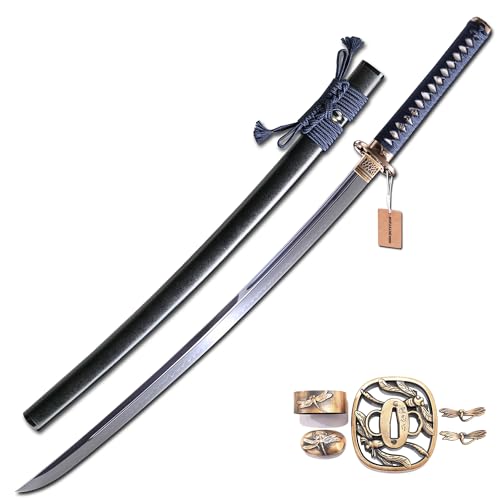 MURASAME Katana Sword 41" T10 Steel Clay Tempered Razor Sharp Blade Full Tang Handmade - color: Blue-Dragonfly Theme Unkubi Zukuri
