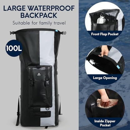 Haimont Large Waterproof Roll Top Dry Backpack 100L, Black/Grey - color: Black/Grey, size: 100L
